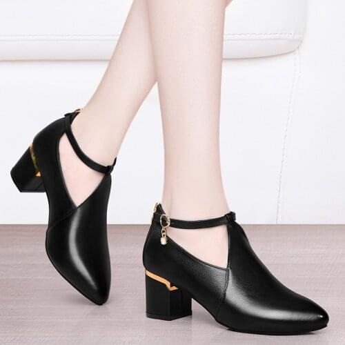 New Womens Thick-heeled Leather Shoes, Womens Soft-soled Thick-heeled High-heeled Shoes, Black Four Seasons Shoes Single Shoes