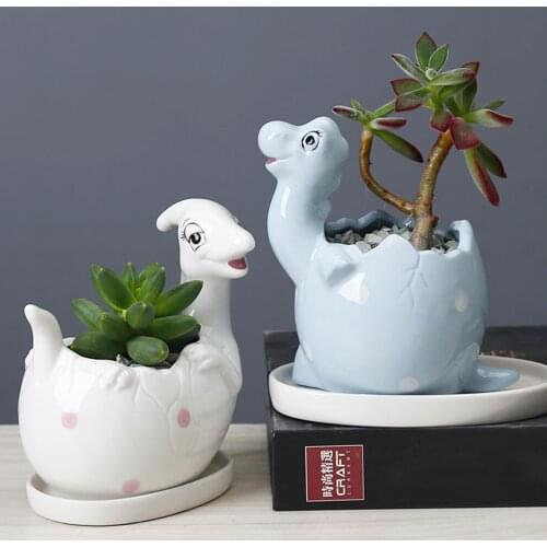 New Ceramic Dinosaur Flowerpot With Tray Creative Dinosaur Flowerpot Succulent Garden Desktop Decoration With Drainage Hole