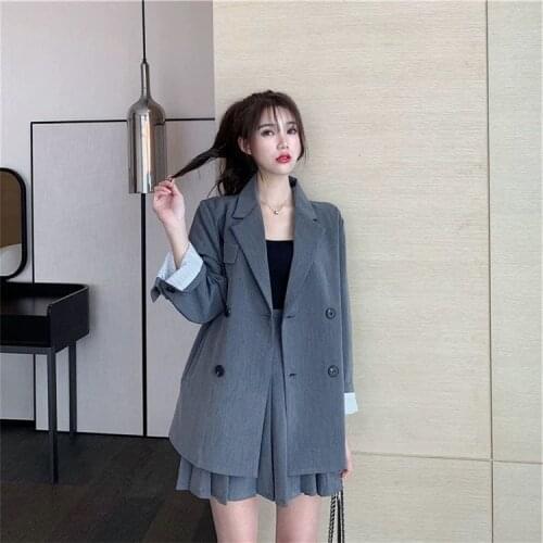 Herstory 2020 spring women solid blazer suit female notched two-piece suit office lady double breasted grey black jacket