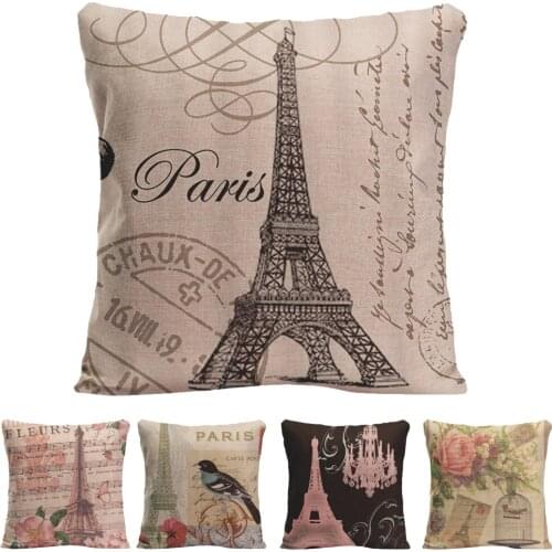 Vinatge Pink France Paris Eiffel Tower Cotton Linen Cushion Cover Chair Waist Pillow Cover Simple Style Pillowcase Home Decor