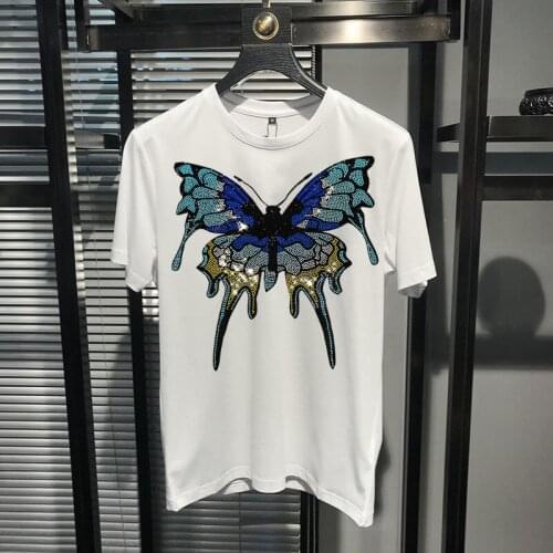 M-5XL New Arrival O-Neck Mens T-Shirt Pure Cotton Top Quality Personality Butterfly Diamond Short Sleeve