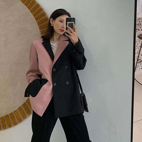 Women Patchwork Contrast Color Blazer Back Button Decoration Spring Autumn 2021 Loose Lapel Long Sleeve Casual Female Suit Coat