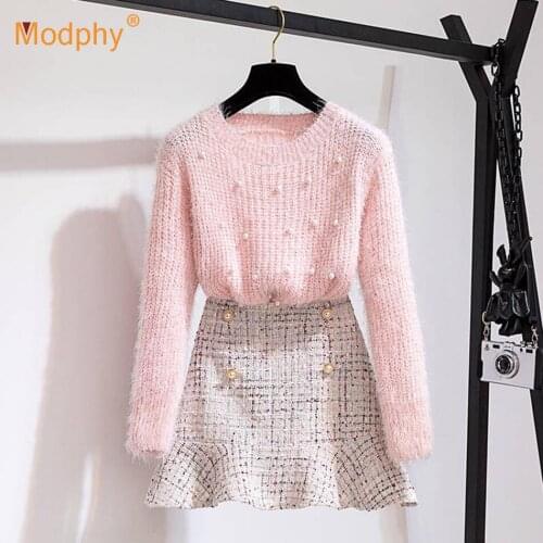 Free shipping Autumn Winter Two Piece Set Women Elegant Beading Knitted Sweater+High Waist Tweed Mermaid Skirt Suit Female New