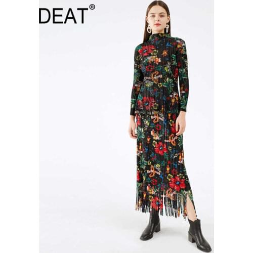 DEAT Pleated Suit Woman Indie Folk Floral Print Tassel Stand Collar Top + Pick Hip Long Skirt Slim 2021 New Autumn Fashion HT119