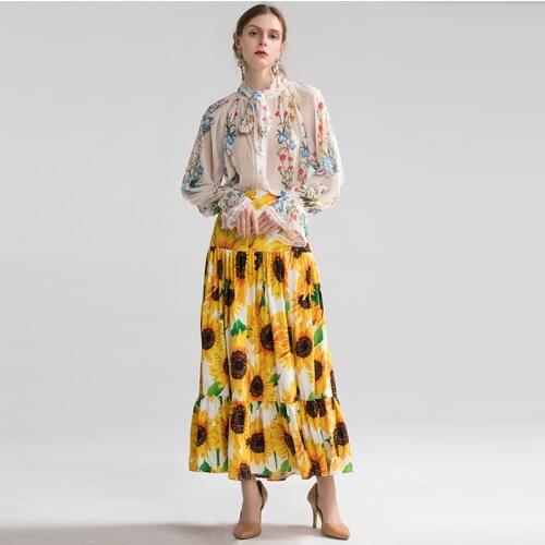 Runway 2021 Spring New Floral Twinset Women Fairy Print Bow Flare Sleeve Blouse + Sunflower Printed Trumpet Skirt Set