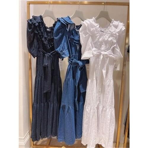 2021 summer new collaboration V-neck solid color patchwork sweet Ruffle breasted long dress