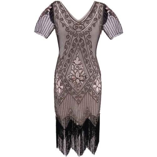Vintage 1920s Great Gatsby Dress Art Deco Beaded Sequin Party Dress Women V-Neck short Sleeve Fringed Flapper Dress Vestidos