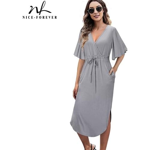 Nice-forever Summer Women Casual Pure Color with Sash Dresses Sexy V neck Oversized Straight Dress 2btyA202