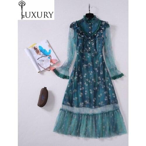 2020 Style Newest Fashion Spring Summer Vestidos Women Vintage Flower Print Sexy Tulle Mesh Patchwork Long Sleeve Dress