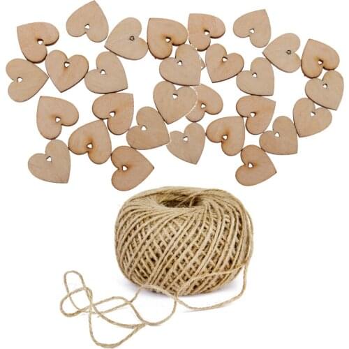 100pcs 40mm Unfinished Wood Heart Shape Gift Tags with Hole and 80 Meters Burlap Rope