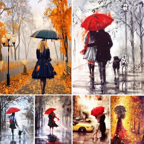 DIY 5D Diamond Painting Woman Cross Stitch Kit Full Drill Square Embroidery Rainy Autumn Mosaic Art Picture of Rhinestones Decor