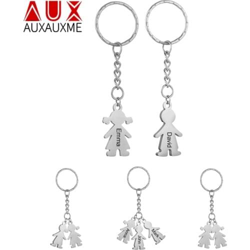 Auxauxme Customized Boy Girl Keychain Cute Stainless Steel engraved Name Date Custom family Jewelry Anniversary Gift for mom dad