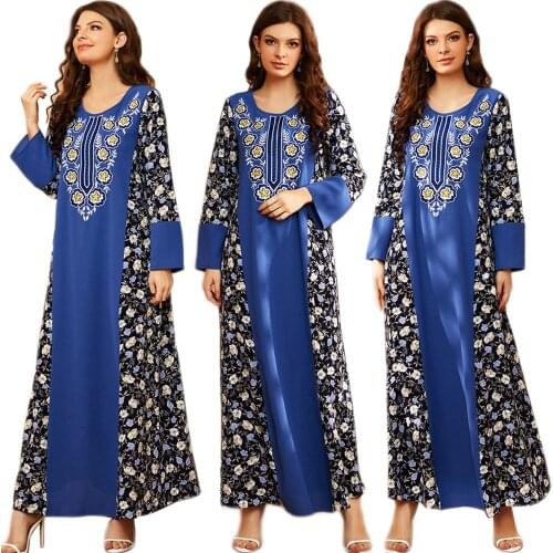 Muslim Women Floral Print Long Dress Abaya Ethnic Embroidery Arabic Turkish Middle East Dubai Kaftan Maxi Robe Gown Islamic New