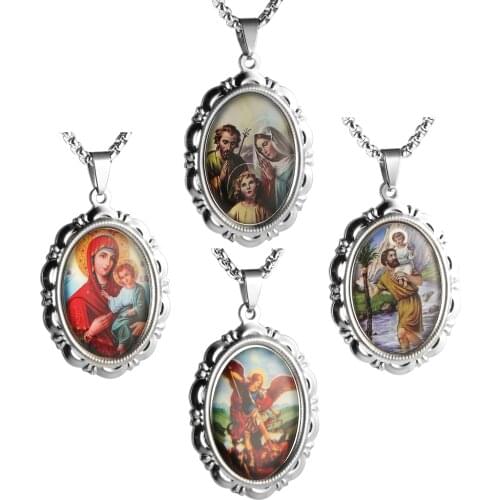 HZMAN 4 Pcs St Michael The Archangel St. Christopher Mary Mothers Kiss Baby Jesus Pendant Necklace Catholic Religious Set