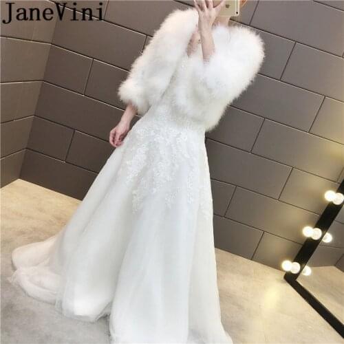 JaneVini 2020 Elegant Women Fur Wedding Coat Jackets with 3/4 Sleeves Ostrich Feather Faux Fur Shrug Cloak Bridal Boleros Capes