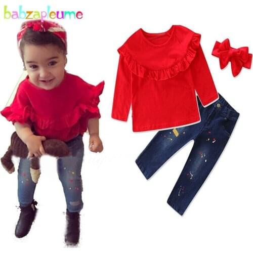 2Piece Sets Spring Fall Toddler Girls Clothes Cute Princess Baby Red Long Sleeve T-shirt+Kids Jeans For Children Clothing BC1806