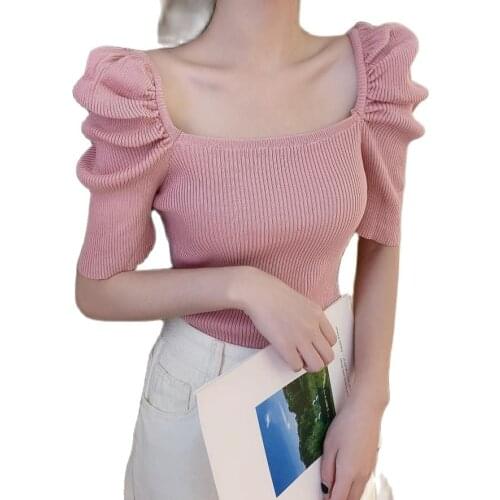 2021 Korean bubble sleeve square neck Pullover summer new fashion versatile short slim T-shirt