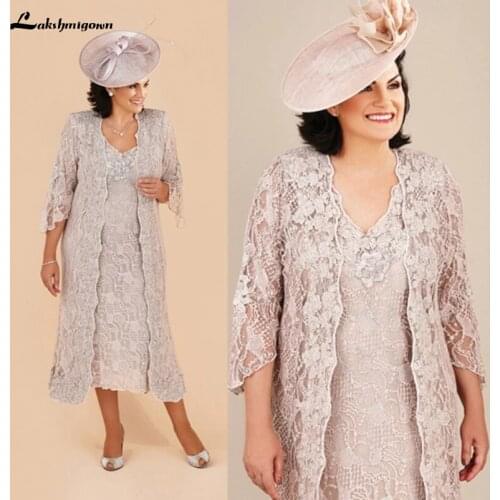 Lakshmigown Lace Mother Of The Bride Dresses Suit Formal Wedding Party Dresses Long Jacket V-Neck Tea Length Plus Size Vintage
