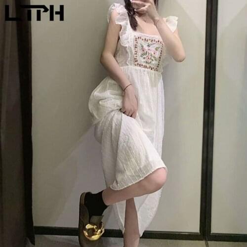 LTPH long white dress women floral embroidery Ruffles sexy square collar sleeveless camisole vintage dresses 2021 summer new