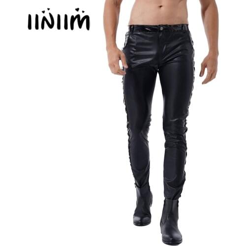 Mens Faux Leather Shiny Pants Leggings Fashion Low Waist Tight Trousers for Pole Dancing Club Stage Show Rock Band Performance