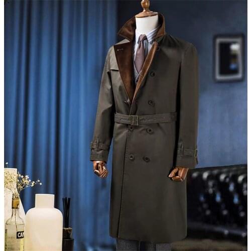 Mens Winter Warm Coat Solid Fur Collar Double-Breasted V-Sleeve Long British Style Overcoat Casual Fashion Handsome Jacket