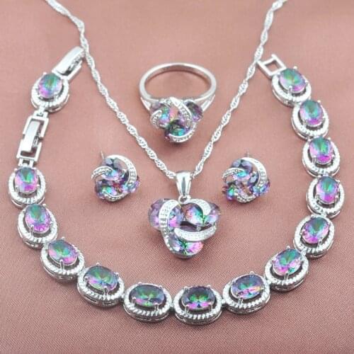2021 New Silver Color Jewelry Set Natural Rainbow Zirconia For Women Earrings And Necklace Set With Rings Bracelet YZ0174