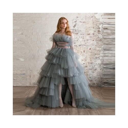 Charming Gray Puffy Hi Low A-Line Tulle Dress Tiered Ruffled Long Tutu Dresses Women Invisible Shiny Sequins Sleeve Prom Gowns