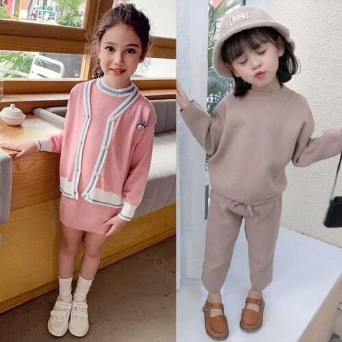 Autumn / winter 2020 new childrens casual loose sweater knitted solid color suit girls' Knitted Top + trousers two piece set