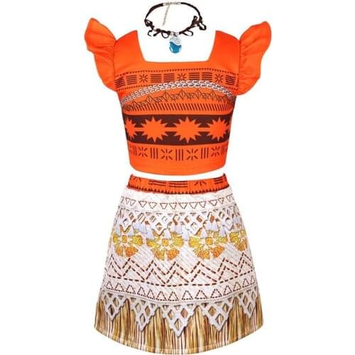Girls Polynesia Princess Moana dress +necklace Cosplay Costume kids Princess Dress Cos Gift
