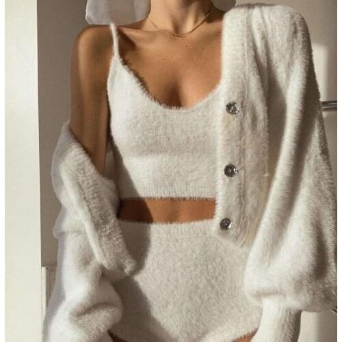 Casual White Color Cardigans Set For Women Sheath Sleeveless Tops Vest Short Pants Three-piece Suits Strappy Knit Bustier Outfit