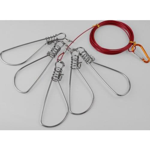 Stainless Steel Fishing Stringer Fish Lock Buckle Durable Chain Stringers with 5 Snap Hook Ropes Fishing Gear Kit