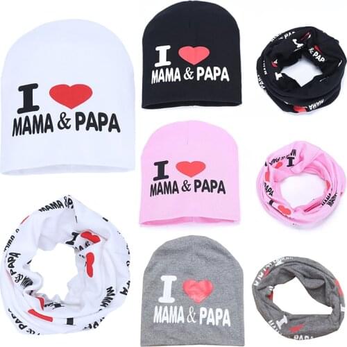 2Pcs Cotton Baby Hat Scarf Set Spring I Love MAMA PAPA Print Autumn Winter Children Caps Scarves Boys Girls Beanie Collar Suit