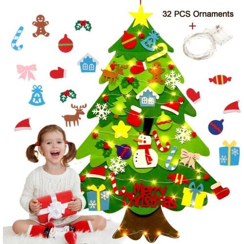 Felt Christmas Tree 3.2ft DIY Wall Hanging Xmas Tree with 32 pcs Ornaments and 50 LEDs String Lights Christmas Decoration