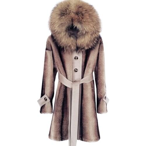2021 Winter Imitation Mink Fur Jacket Real Raccoon Fur Hooded Coat with Belt Waterproof Parka Long Outerwear Fashion Streetwear