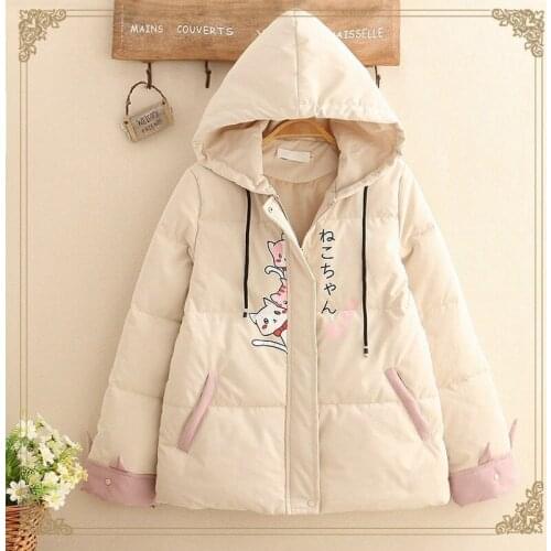 Women Thick Parkas Japanese Cute Cartoon Cat Outwear Merry Pretty Girl Winter Jackets Clothes Kawaii Warm Coats Hooded Overcoat