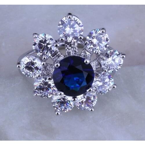 Love Monologue Trendy Silver Color Blue Crystal & White Cubic Zirconia Flower Shaped Rings for Women Jewelry J0309