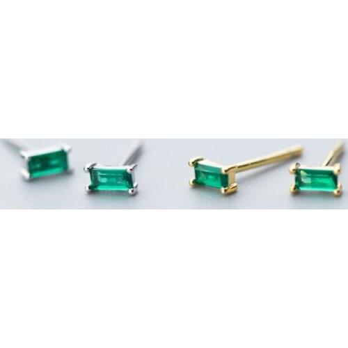 1pair 3mm*5mm 100% Authentic 925 Sterling silver Geometric Square Rectangle Green Zircon Gold Stud Earrings Fine jEWELRY TLE2199