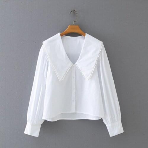 White chiffon shirt female beaded loose sexy basic chiffon top shirt long-sleeved irregular top ladies lapel collar