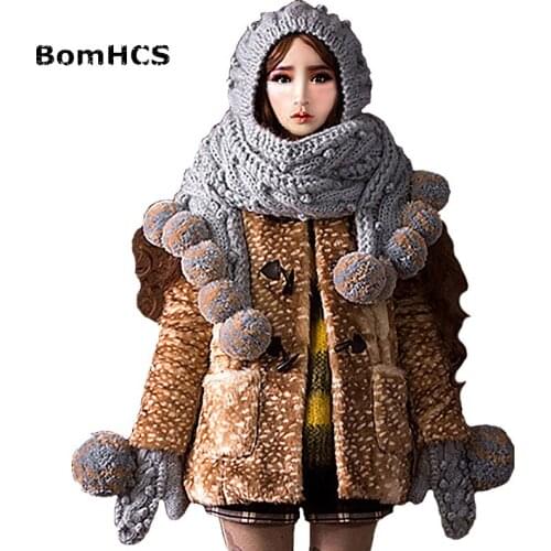 BomHCS Super Big Scarf Hat & Gloves Cute Women Winter Warm Beanie 100% Handmade Knit Caps Gift
