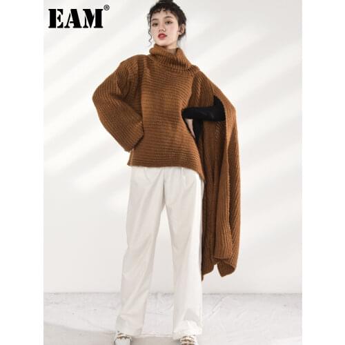 [EAM] Brown Irregular Big Size Knitting Sweater Turtleneck Long Sleeve Women Pullovers New Fashion Spring Autumn 2021 WJ03816