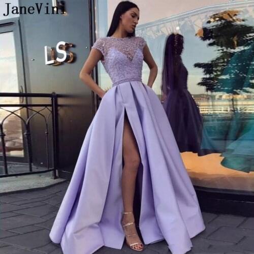JaneVini Elegant A Line Lilac Prom Dress Satin Cap Sleeves Lace Beaded Side Split Sexy Women Party Dresses Plus Size Abendkleid