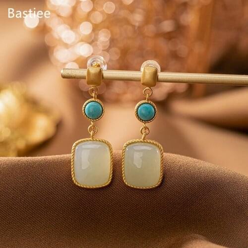 Bastiee Korean Earrings Earrings Silver 925 Jewelry For Women Jade Golden Plated Long Earrings Vintage Silver Earrin