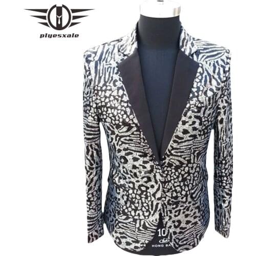 Plyesxale Mens Leopard Print Blazer High Quality Sequin Blazer Jacket Brand Fashion Party Stage Nightclub DJ Singer Costume Q223