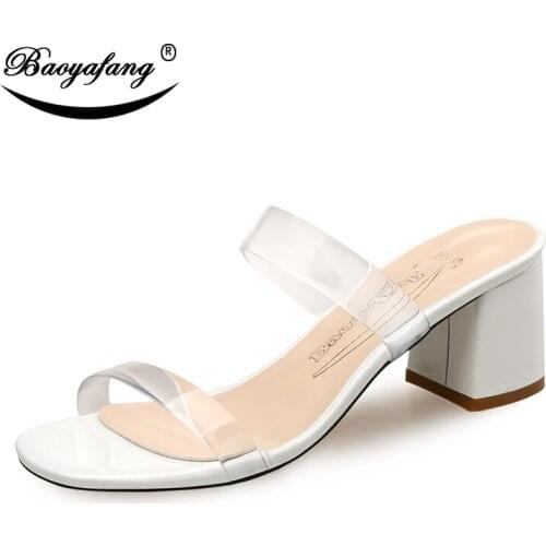 BaoYaFang New Square Toe 5cm Thick heel Womens Summer Slippers female Summer/Autumn fashion Shoes Woman white black big size