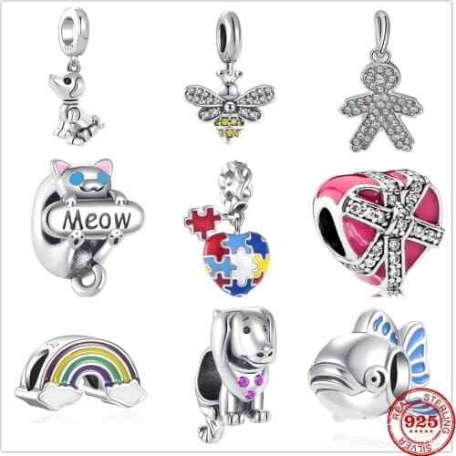 New 925 Sterling Silver Fish Dog Cat Bee Moon Heart Rainbow Charm bead Fit Original Pandora Bracelet DIY Jewelry For Women