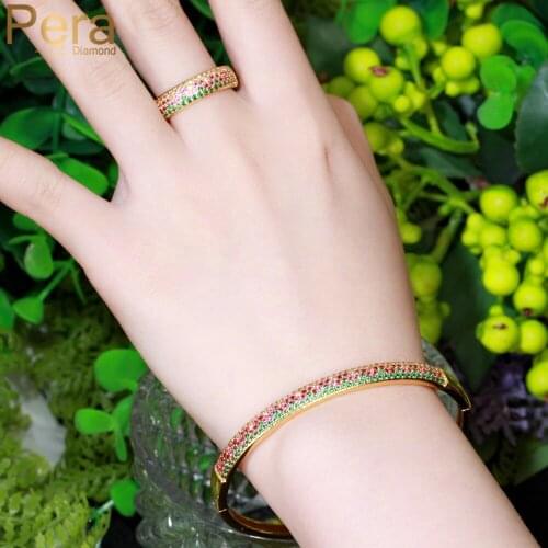 Pera Brand Design Micro Multicolor CZ Pave Indian Gold Open Cuff Bangle Bracelet Ring Sets for Ladies Banquet Party Jewelry Z070