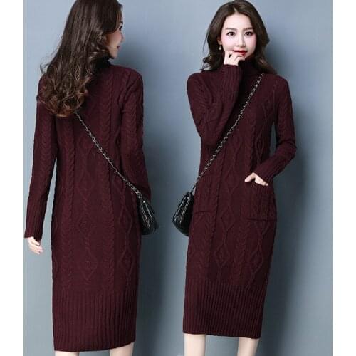 Fashion Autumn Winter Womens Thick Sweater Dress Knitted Pullover Long Sleeve Turtleneck Warm Maxi dress Slim Long Dress Female