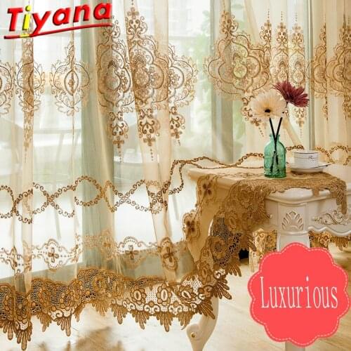 Nordic Luxury Embroidery Tulle Curtains for Living Room Coffee / Brown High Qualit Geometric Embroidery Window Drapes X-HM165#30