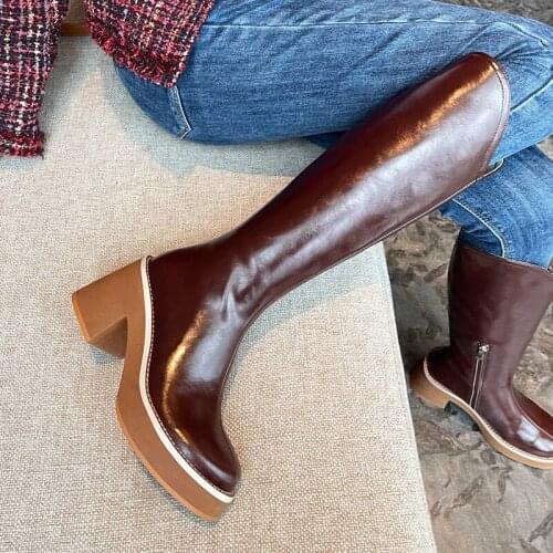 High Heels Boots Shoes Woman 2021 Winter Knee High Boots Square Heel British Style Chelsea Boot Brown Leather Botas De Mujer