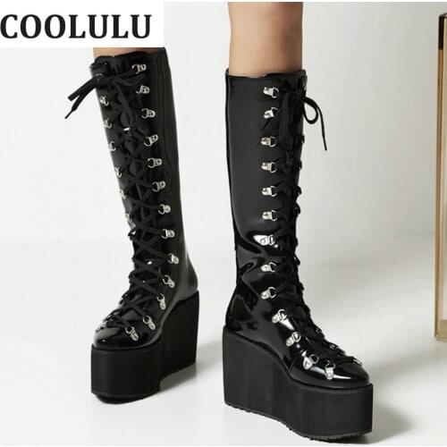 COOLULU Goth Knee High Boots Black Platform Wedge Heel Lace Up Combat Boots Tall Boots Gothic Shoes Winter Boots Punk Boots